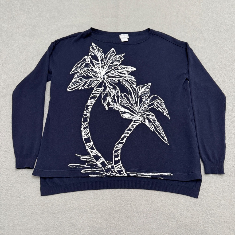 Chicos Sweater Women 00 XS Navy Blue Palm Tree Embroidered Rayon Knit Pullover